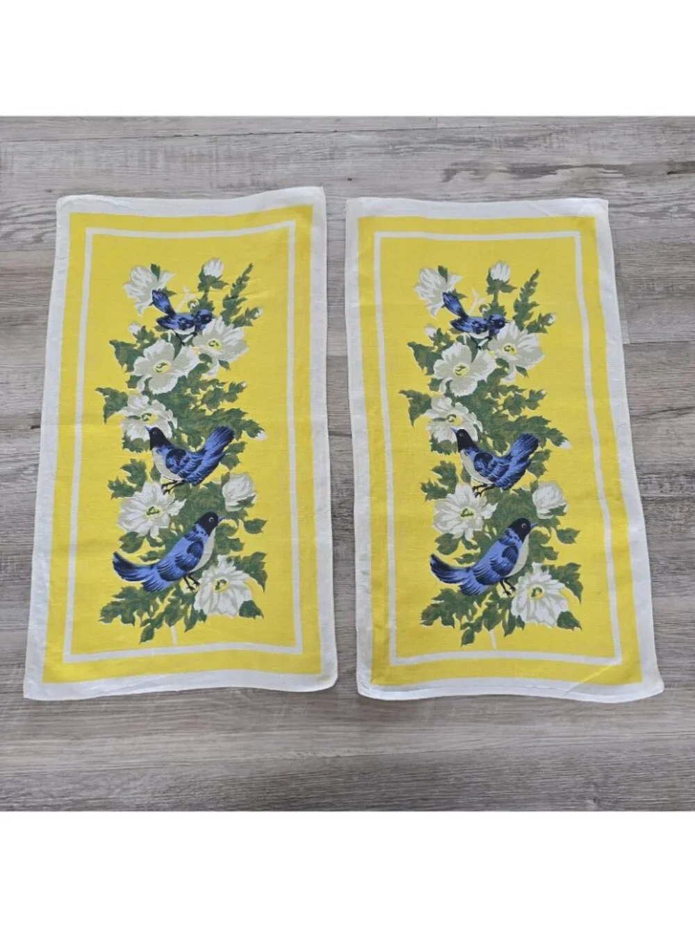 2 Vtg Parisian Prints Tea Towel X2 Yellow Blue Birds